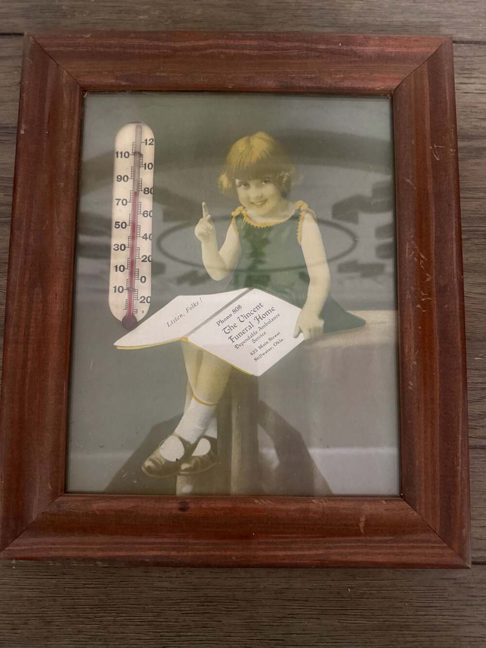 Vintage Framed Advertising Thermometer Funeral Home Little Girl Stillwater, Ok